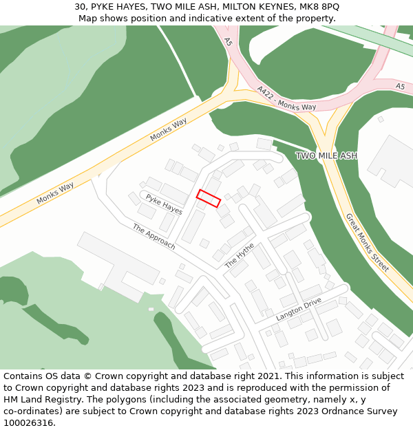 30, PYKE HAYES, TWO MILE ASH, MILTON KEYNES, MK8 8PQ: Location map and indicative extent of plot