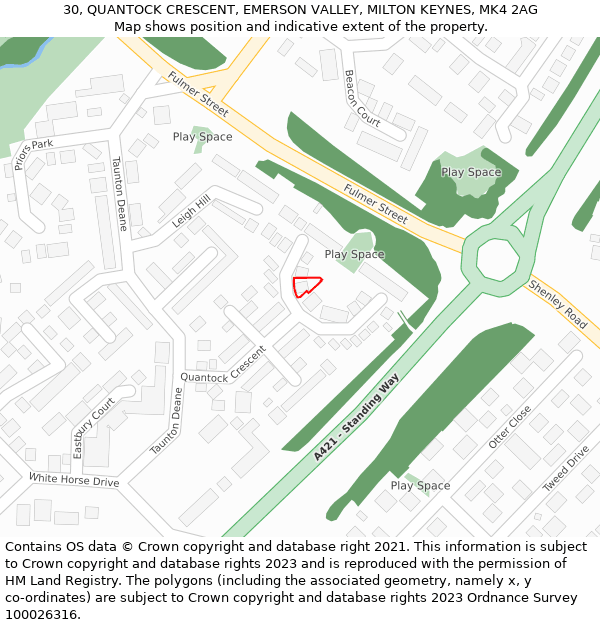 30, QUANTOCK CRESCENT, EMERSON VALLEY, MILTON KEYNES, MK4 2AG: Location map and indicative extent of plot