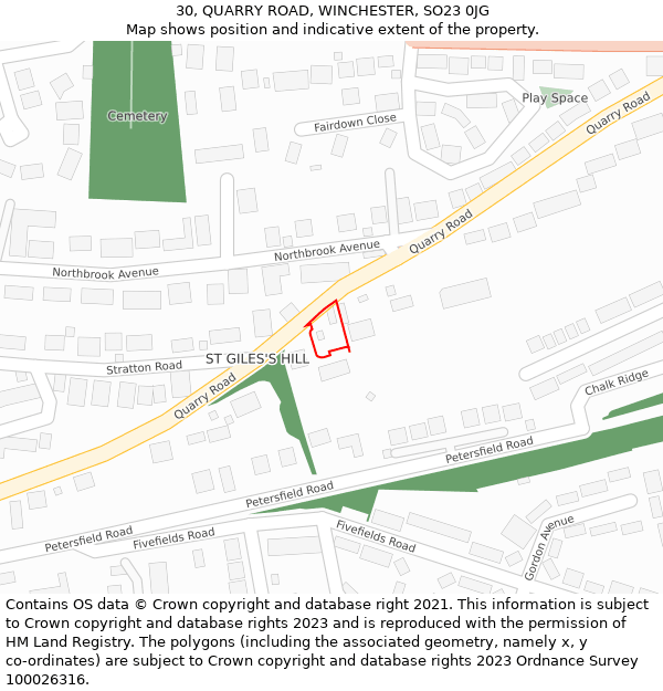 30, QUARRY ROAD, WINCHESTER, SO23 0JG: Location map and indicative extent of plot