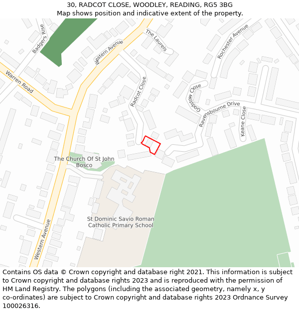 30, RADCOT CLOSE, WOODLEY, READING, RG5 3BG: Location map and indicative extent of plot