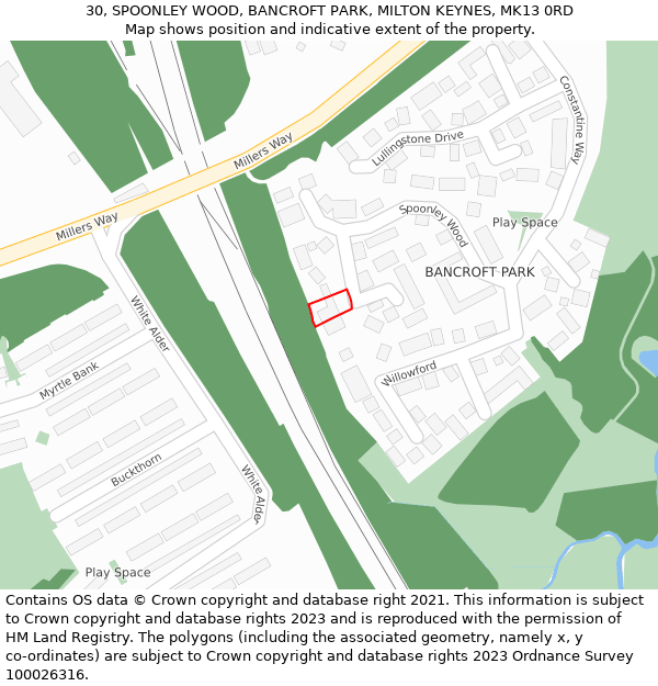 30, SPOONLEY WOOD, BANCROFT PARK, MILTON KEYNES, MK13 0RD: Location map and indicative extent of plot