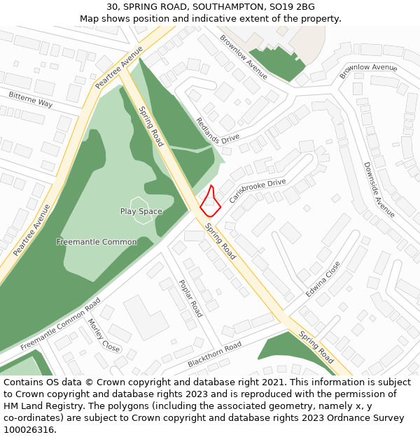 30, SPRING ROAD, SOUTHAMPTON, SO19 2BG: Location map and indicative extent of plot