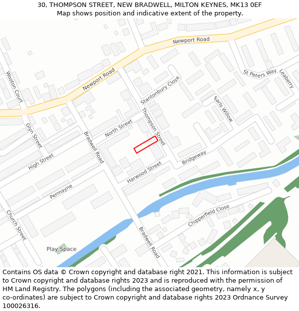 30, THOMPSON STREET, NEW BRADWELL, MILTON KEYNES, MK13 0EF: Location map and indicative extent of plot