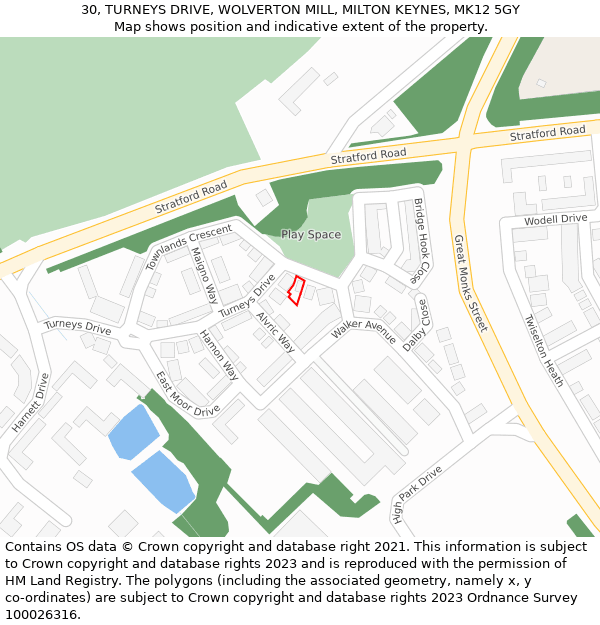 30, TURNEYS DRIVE, WOLVERTON MILL, MILTON KEYNES, MK12 5GY: Location map and indicative extent of plot