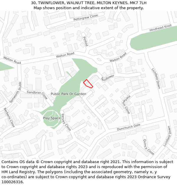 30, TWINFLOWER, WALNUT TREE, MILTON KEYNES, MK7 7LH: Location map and indicative extent of plot