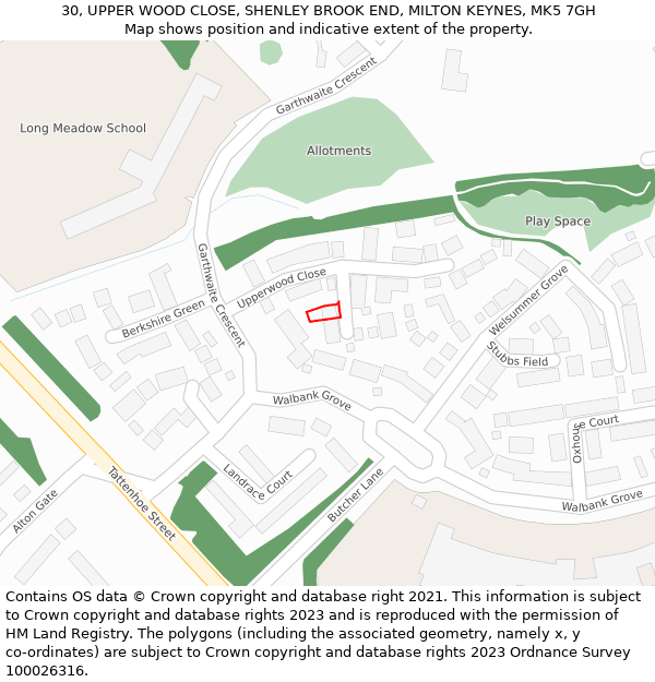 30, UPPER WOOD CLOSE, SHENLEY BROOK END, MILTON KEYNES, MK5 7GH: Location map and indicative extent of plot