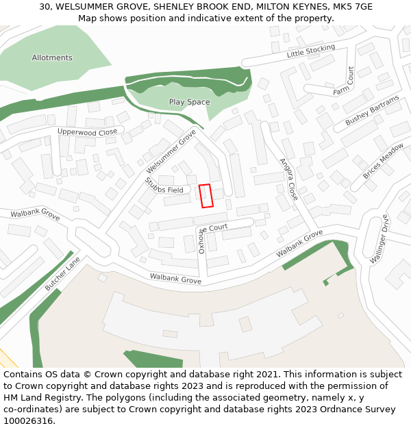 30, WELSUMMER GROVE, SHENLEY BROOK END, MILTON KEYNES, MK5 7GE: Location map and indicative extent of plot