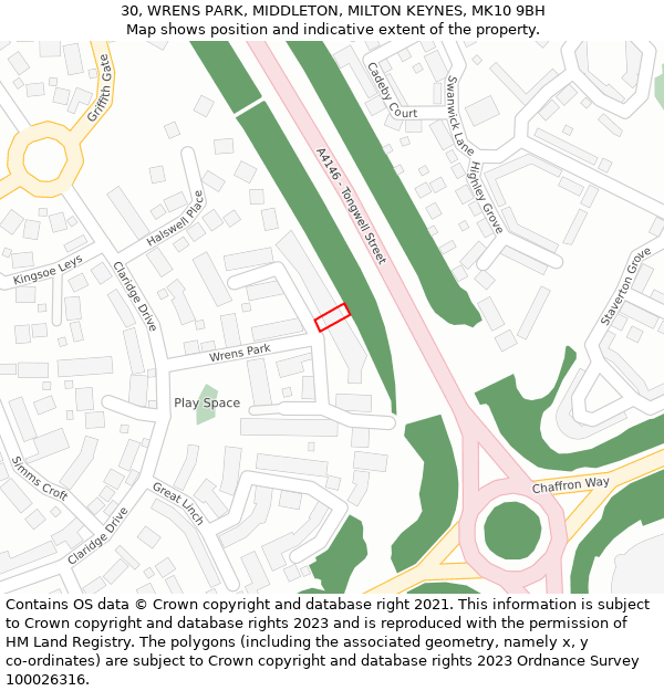 30, WRENS PARK, MIDDLETON, MILTON KEYNES, MK10 9BH: Location map and indicative extent of plot