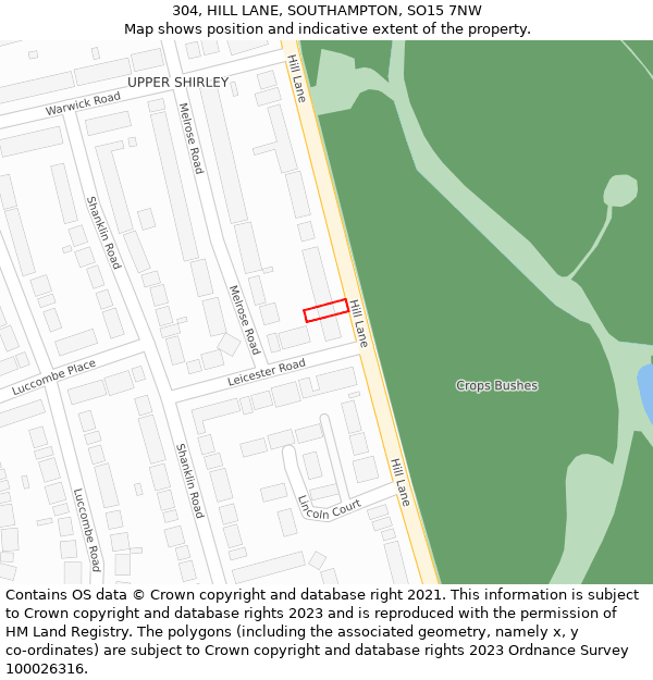 304, HILL LANE, SOUTHAMPTON, SO15 7NW: Location map and indicative extent of plot