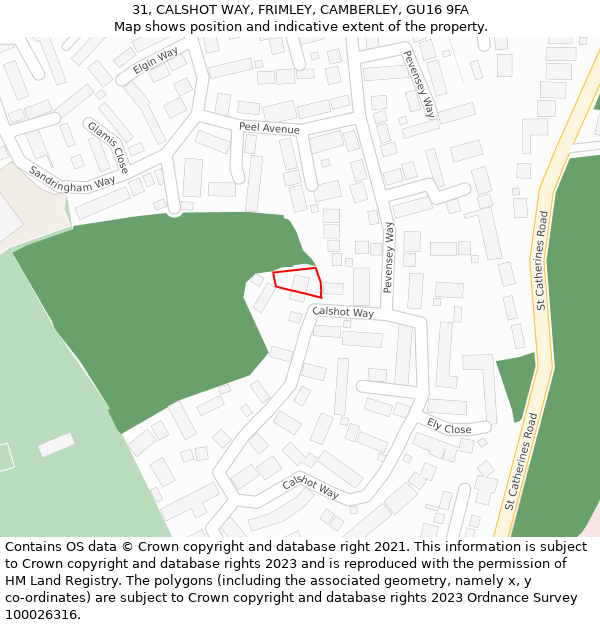 31, CALSHOT WAY, FRIMLEY, CAMBERLEY, GU16 9FA: Location map and indicative extent of plot