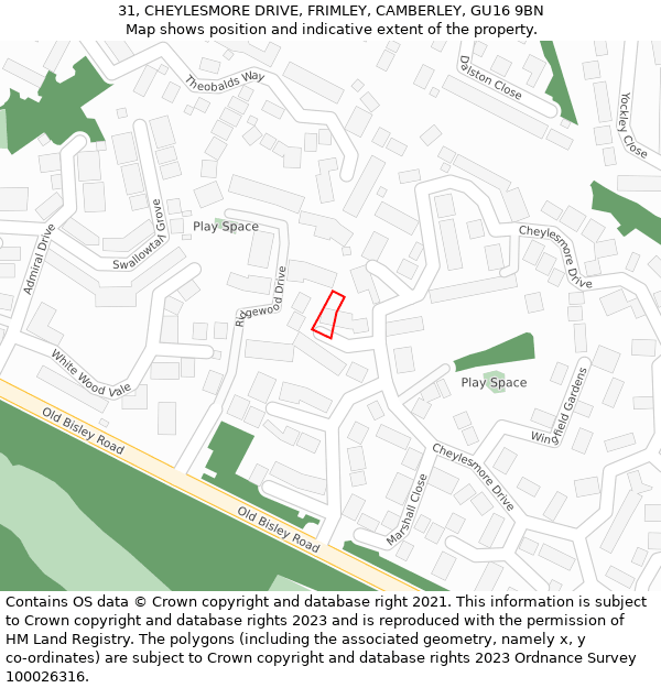 31, CHEYLESMORE DRIVE, FRIMLEY, CAMBERLEY, GU16 9BN: Location map and indicative extent of plot