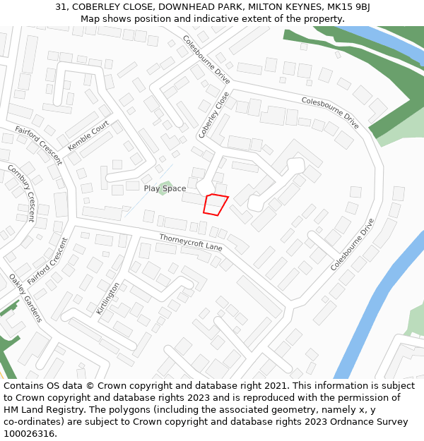 31, COBERLEY CLOSE, DOWNHEAD PARK, MILTON KEYNES, MK15 9BJ: Location map and indicative extent of plot