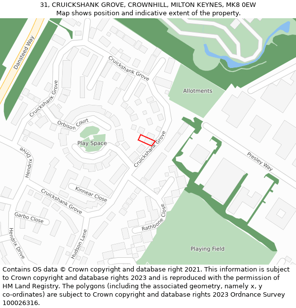 31, CRUICKSHANK GROVE, CROWNHILL, MILTON KEYNES, MK8 0EW: Location map and indicative extent of plot