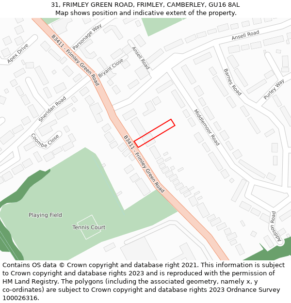 31, FRIMLEY GREEN ROAD, FRIMLEY, CAMBERLEY, GU16 8AL: Location map and indicative extent of plot
