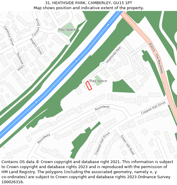 31, HEATHSIDE PARK, CAMBERLEY, GU15 1PT: Location map and indicative extent of plot