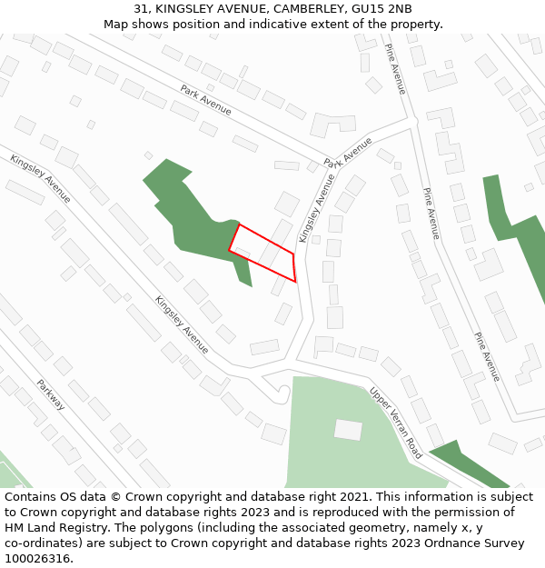 31, KINGSLEY AVENUE, CAMBERLEY, GU15 2NB: Location map and indicative extent of plot