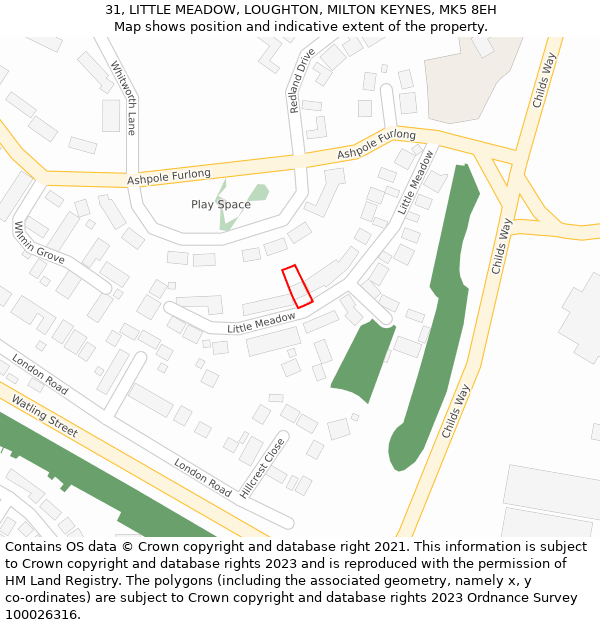 31, LITTLE MEADOW, LOUGHTON, MILTON KEYNES, MK5 8EH: Location map and indicative extent of plot