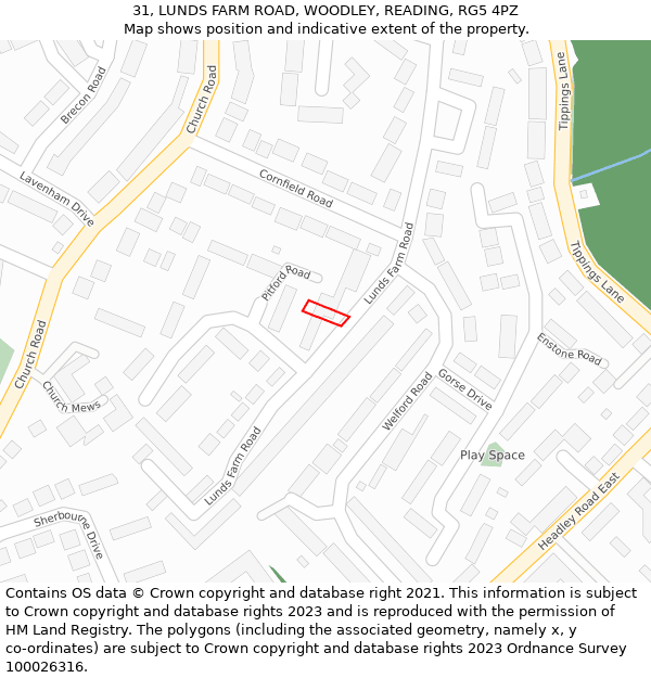 31, LUNDS FARM ROAD, WOODLEY, READING, RG5 4PZ: Location map and indicative extent of plot