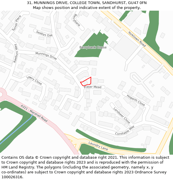 31, MUNNINGS DRIVE, COLLEGE TOWN, SANDHURST, GU47 0FN: Location map and indicative extent of plot