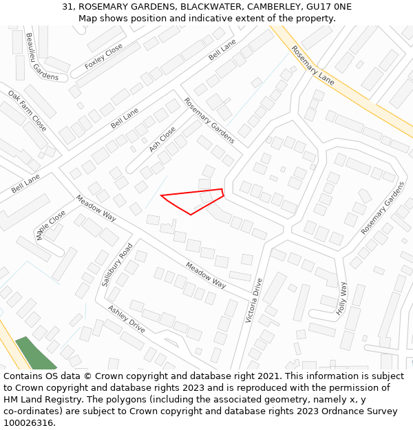 31, ROSEMARY GARDENS, BLACKWATER, CAMBERLEY, GU17 0NE: Location map and indicative extent of plot