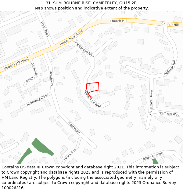 31, SHALBOURNE RISE, CAMBERLEY, GU15 2EJ: Location map and indicative extent of plot