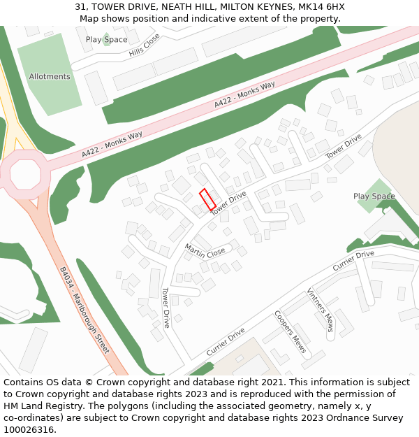 31, TOWER DRIVE, NEATH HILL, MILTON KEYNES, MK14 6HX: Location map and indicative extent of plot