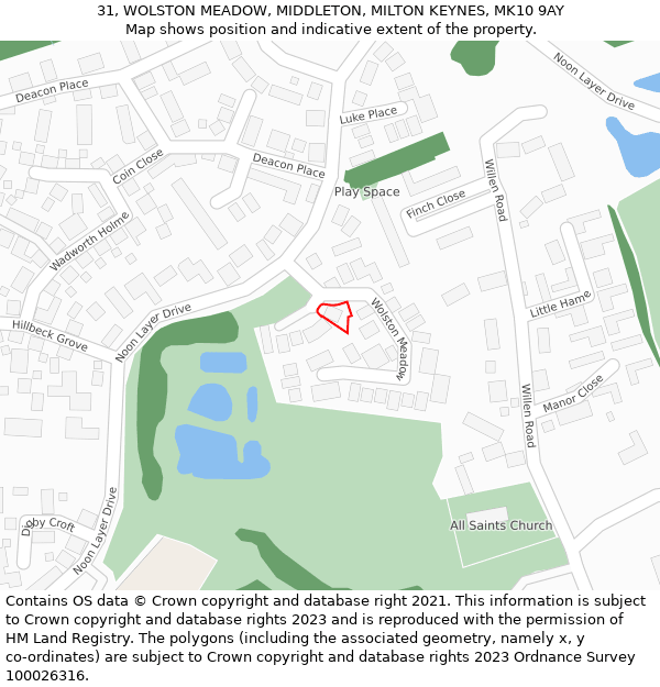 31, WOLSTON MEADOW, MIDDLETON, MILTON KEYNES, MK10 9AY: Location map and indicative extent of plot