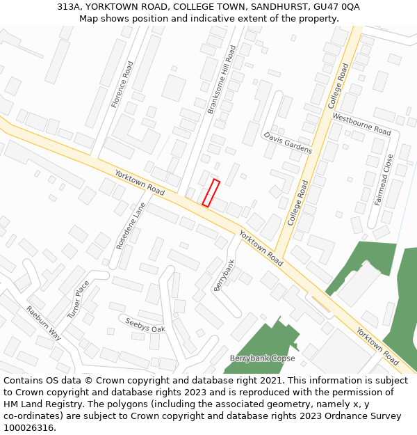 313A, YORKTOWN ROAD, COLLEGE TOWN, SANDHURST, GU47 0QA: Location map and indicative extent of plot