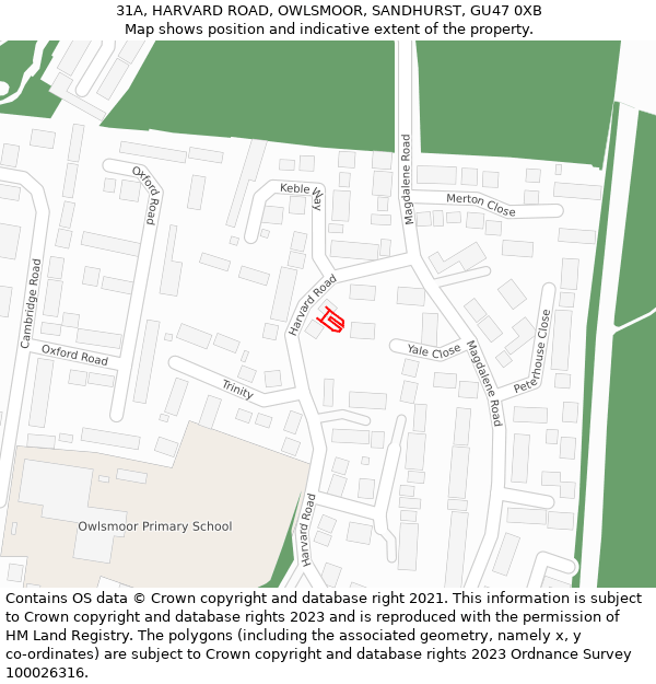 31A, HARVARD ROAD, OWLSMOOR, SANDHURST, GU47 0XB: Location map and indicative extent of plot