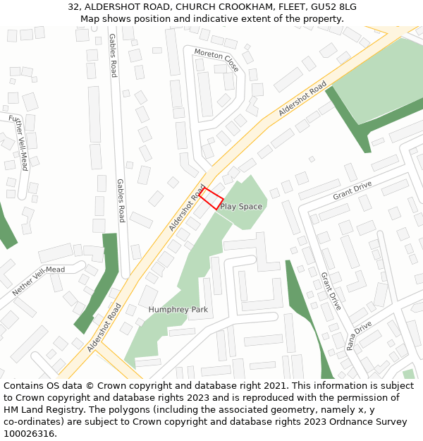 32, ALDERSHOT ROAD, CHURCH CROOKHAM, FLEET, GU52 8LG: Location map and indicative extent of plot