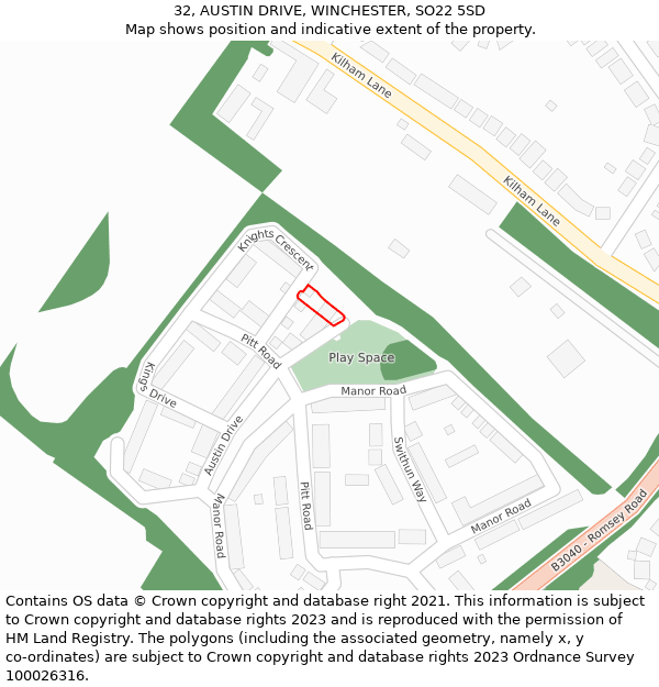 32, AUSTIN DRIVE, WINCHESTER, SO22 5SD: Location map and indicative extent of plot