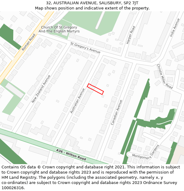 32, AUSTRALIAN AVENUE, SALISBURY, SP2 7JT: Location map and indicative extent of plot