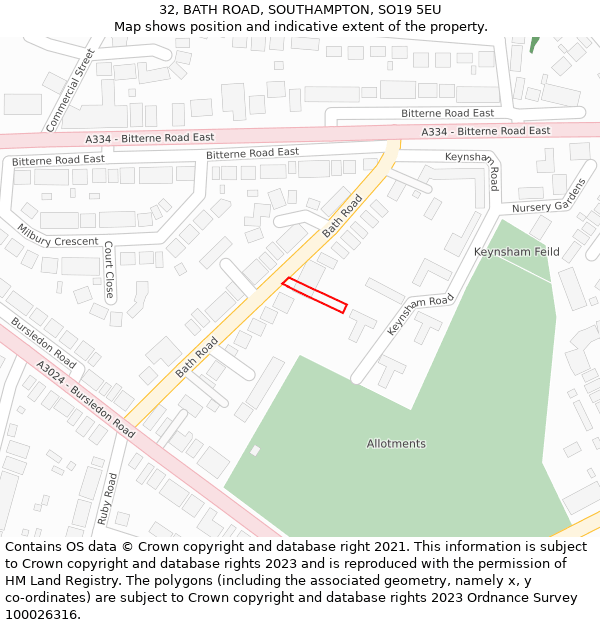 32, BATH ROAD, SOUTHAMPTON, SO19 5EU: Location map and indicative extent of plot