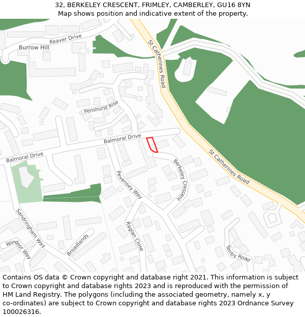 32, BERKELEY CRESCENT, FRIMLEY, CAMBERLEY, GU16 8YN: Location map and indicative extent of plot