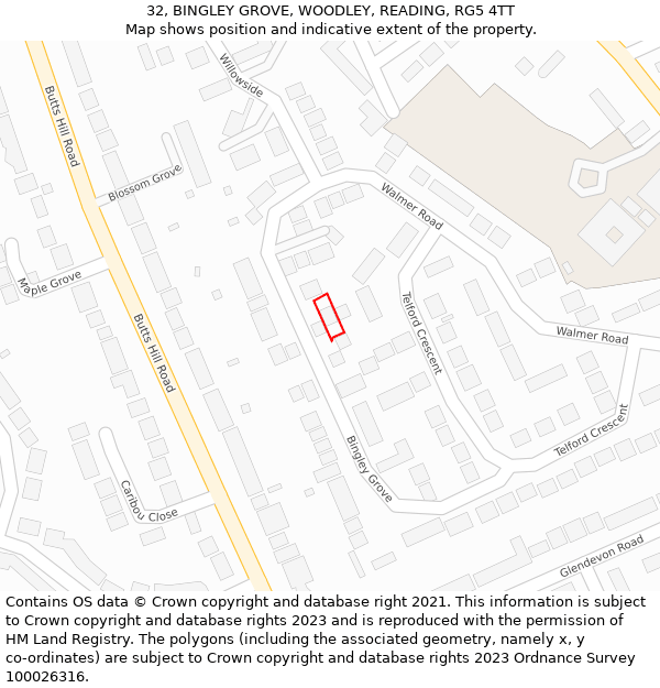 32, BINGLEY GROVE, WOODLEY, READING, RG5 4TT: Location map and indicative extent of plot