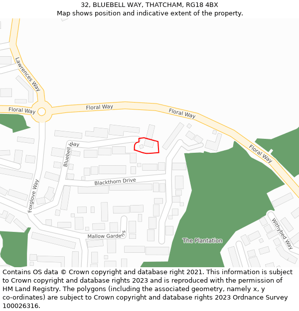 32, BLUEBELL WAY, THATCHAM, RG18 4BX: Location map and indicative extent of plot