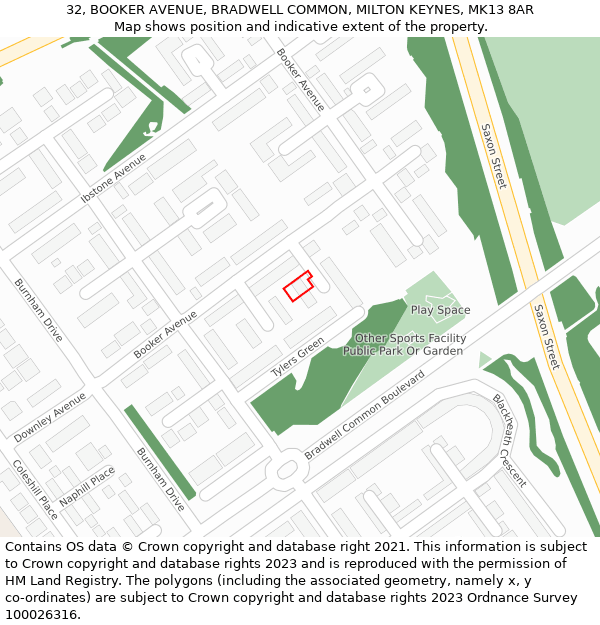 32, BOOKER AVENUE, BRADWELL COMMON, MILTON KEYNES, MK13 8AR: Location map and indicative extent of plot