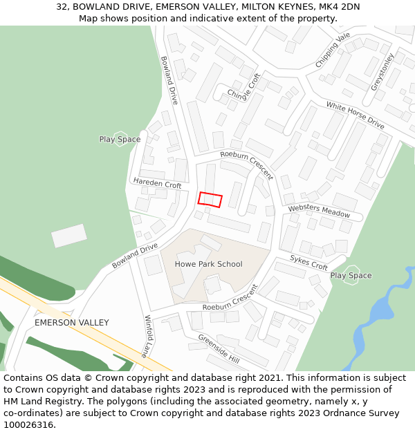 32, BOWLAND DRIVE, EMERSON VALLEY, MILTON KEYNES, MK4 2DN: Location map and indicative extent of plot