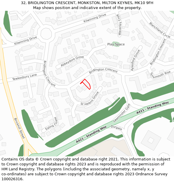 32, BRIDLINGTON CRESCENT, MONKSTON, MILTON KEYNES, MK10 9FH: Location map and indicative extent of plot