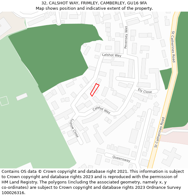 32, CALSHOT WAY, FRIMLEY, CAMBERLEY, GU16 9FA: Location map and indicative extent of plot