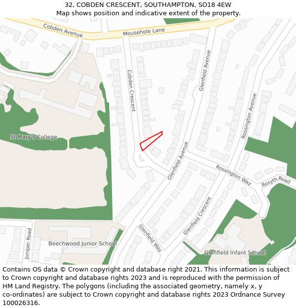 32, COBDEN CRESCENT, SOUTHAMPTON, SO18 4EW: Location map and indicative extent of plot