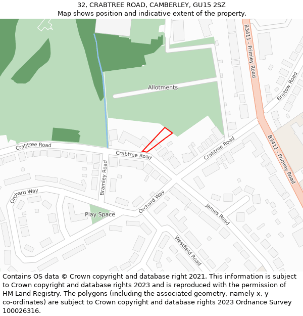 32, CRABTREE ROAD, CAMBERLEY, GU15 2SZ: Location map and indicative extent of plot