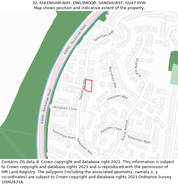 32, FAKENHAM WAY, OWLSMOOR, SANDHURST, GU47 0YW: Location map and indicative extent of plot