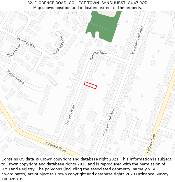 32, FLORENCE ROAD, COLLEGE TOWN, SANDHURST, GU47 0QD: Location map and indicative extent of plot