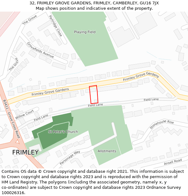 32, FRIMLEY GROVE GARDENS, FRIMLEY, CAMBERLEY, GU16 7JX: Location map and indicative extent of plot