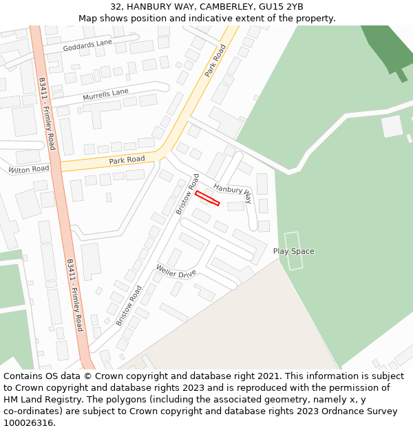 32, HANBURY WAY, CAMBERLEY, GU15 2YB: Location map and indicative extent of plot
