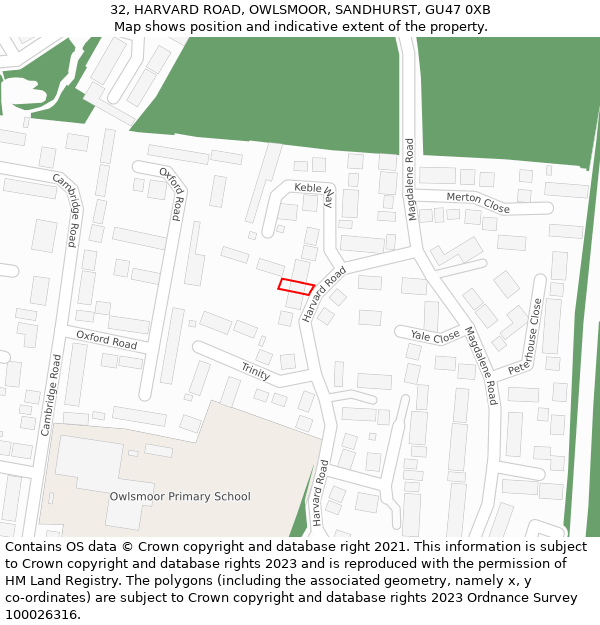 32, HARVARD ROAD, OWLSMOOR, SANDHURST, GU47 0XB: Location map and indicative extent of plot