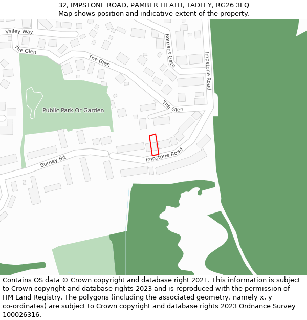 32, IMPSTONE ROAD, PAMBER HEATH, TADLEY, RG26 3EQ: Location map and indicative extent of plot