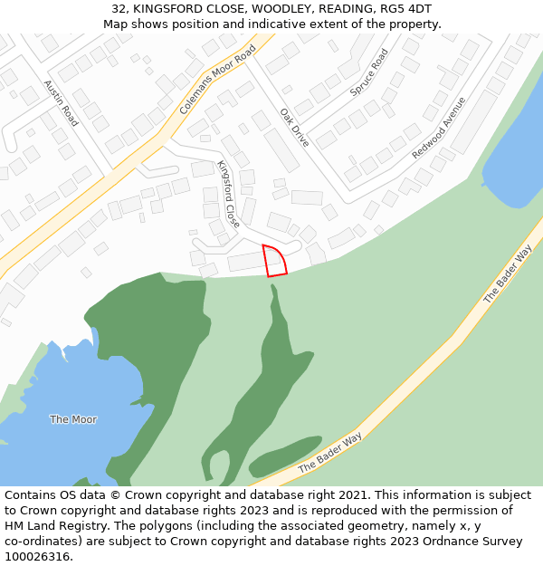 32, KINGSFORD CLOSE, WOODLEY, READING, RG5 4DT: Location map and indicative extent of plot