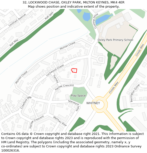 32, LOCKWOOD CHASE, OXLEY PARK, MILTON KEYNES, MK4 4ER: Location map and indicative extent of plot